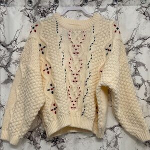 Entro Cream Knit Sweater with Red and Green Embroidery